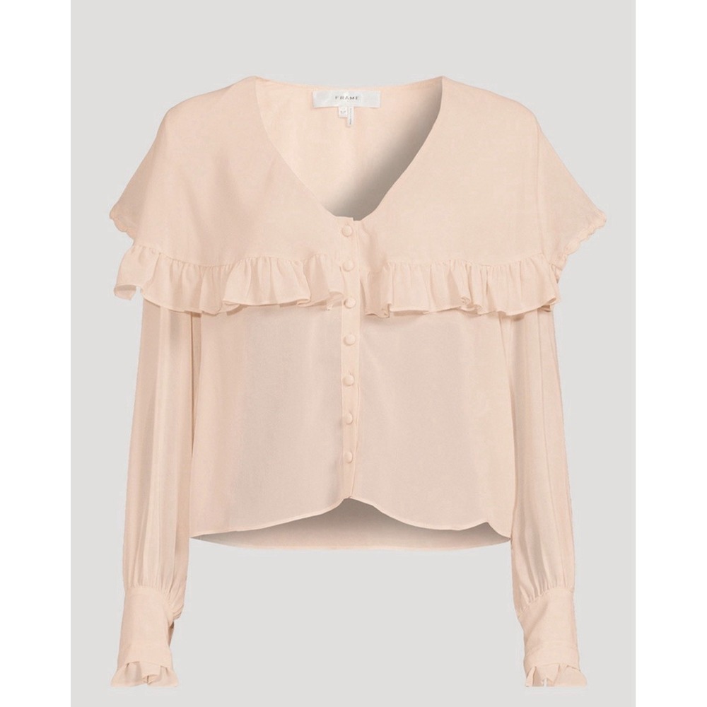 FRAME 100% Silk Blouse Pink Sheer Ruffle Button Front Long Sleeve Sz L Romantic‎